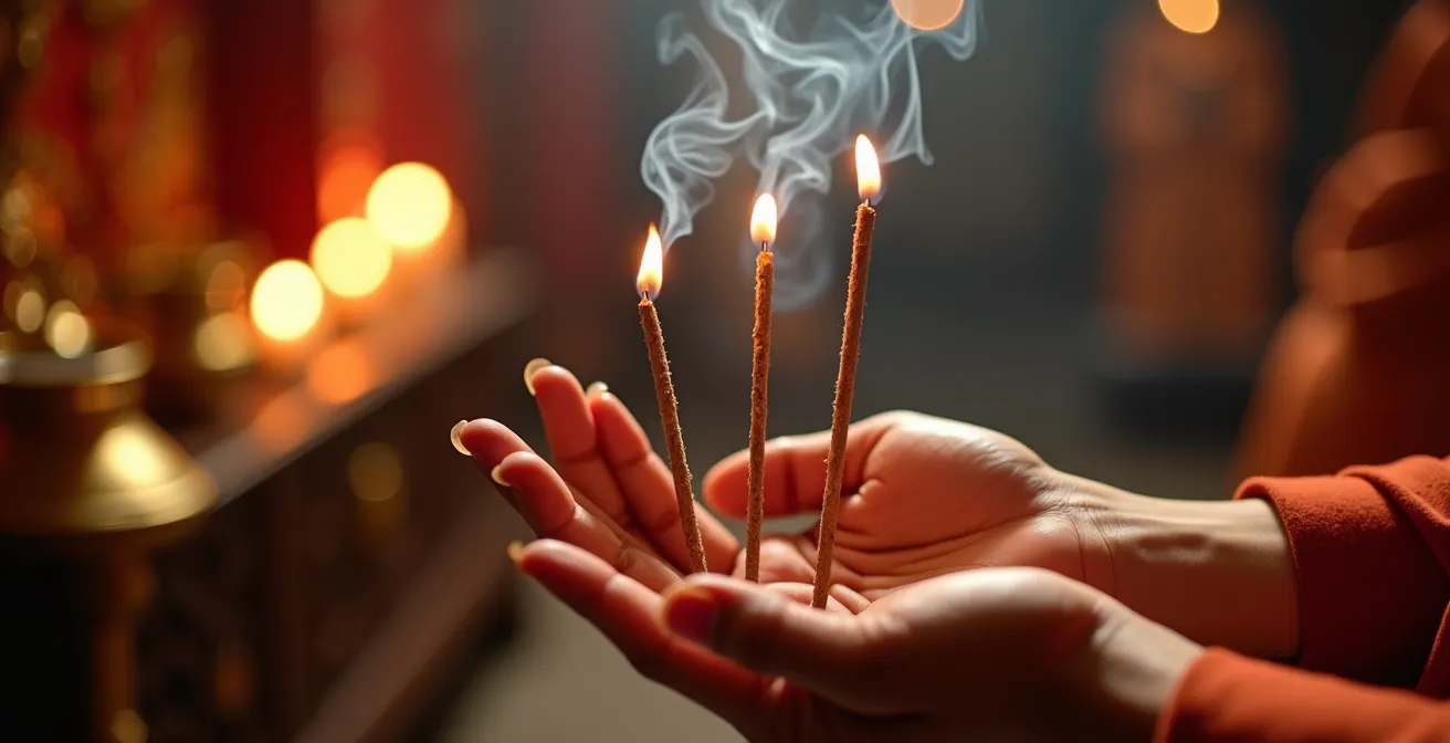 Mains tenant des bâtonnets d'encens devant un autel de temple chinois avec vases de sable et bâtons divinatoires