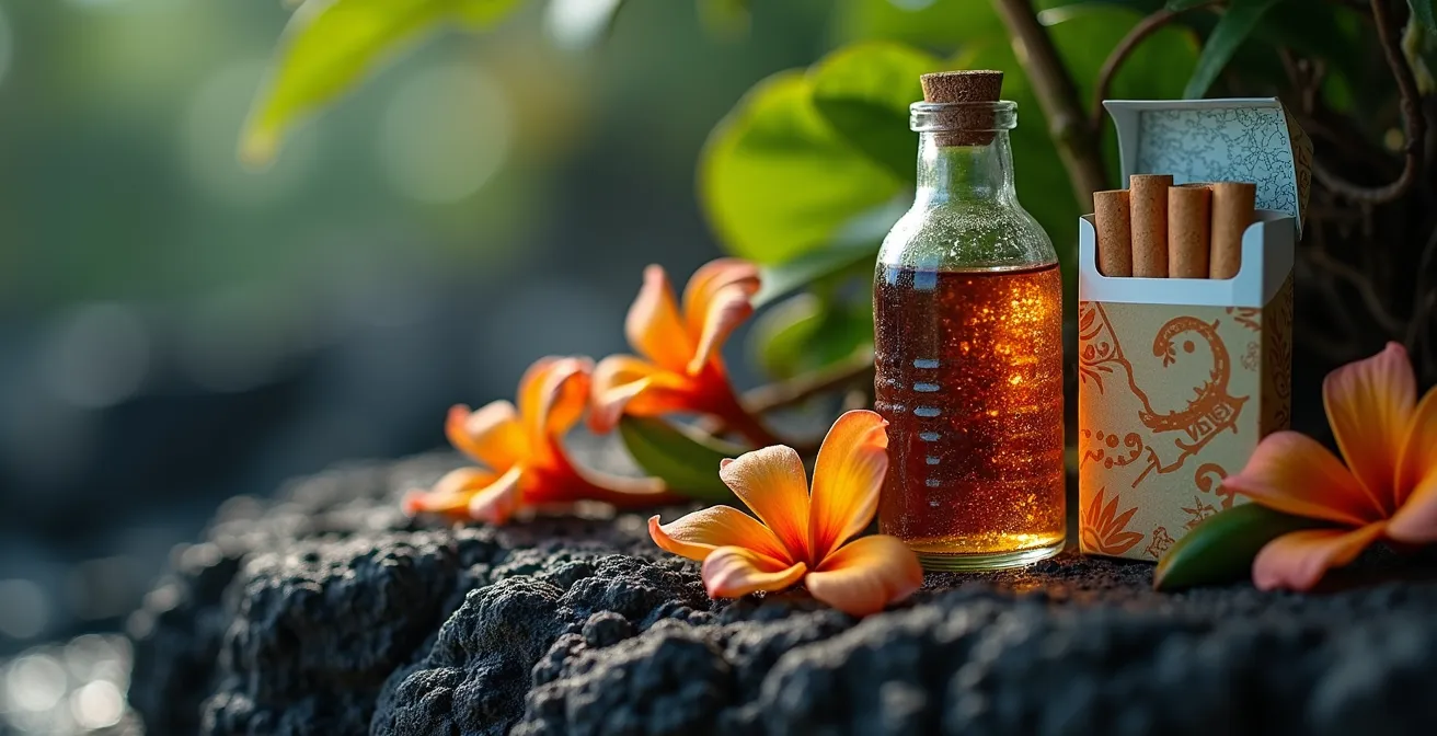 Offrandes de rhum et cigarettes déposées au pied d'un rocher sacré à La Réunion