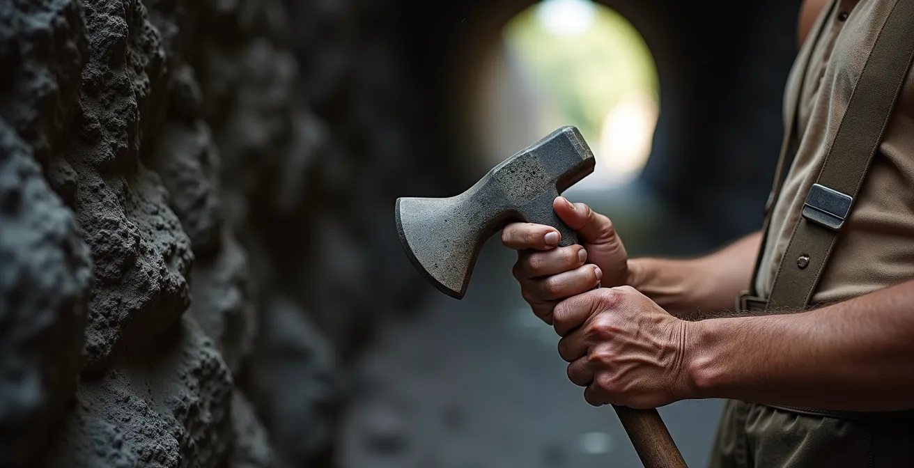 Reconstitution historique d'ouvriers travaillant à la construction des tunnels dans les années 1930