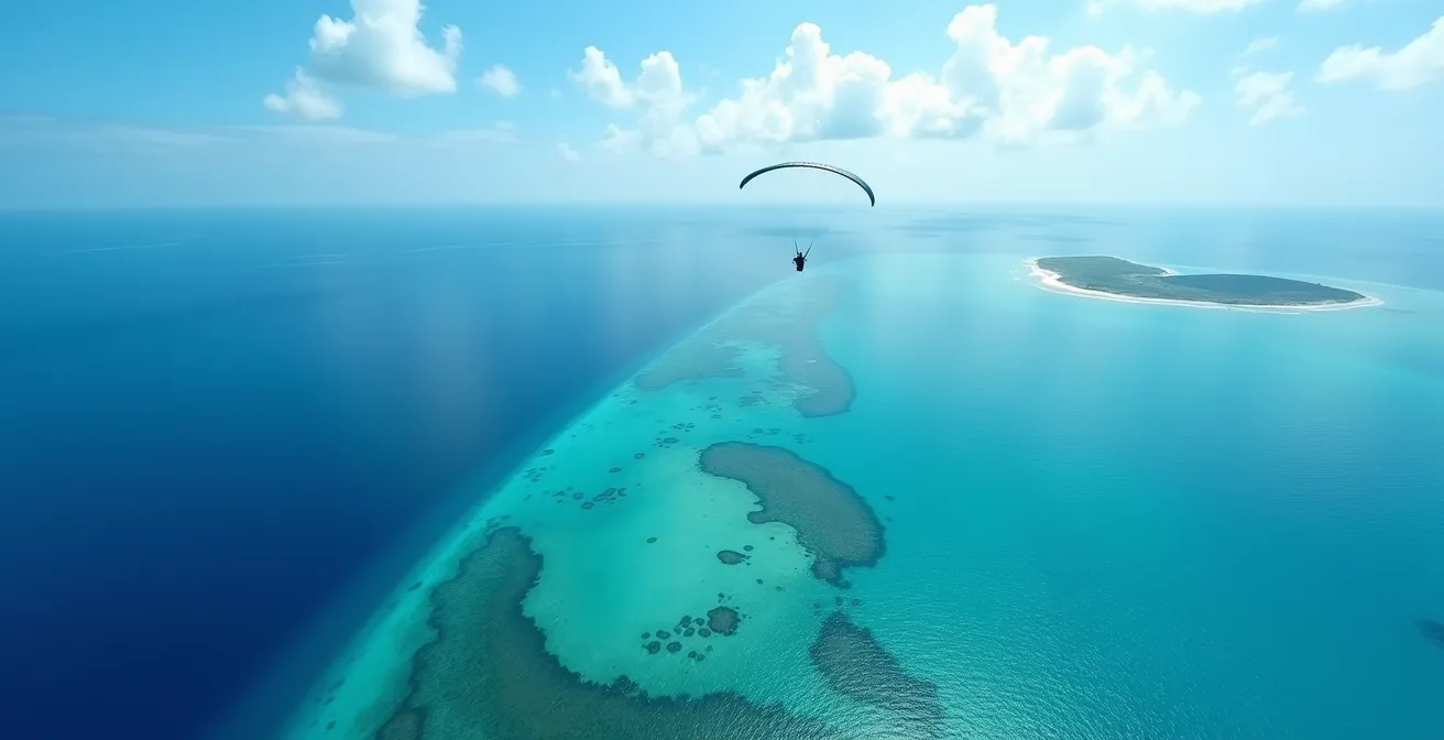 Vue panoramique à 180 degrés depuis un parapente survolant le lagon de Saint-Leu