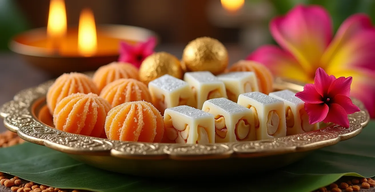 Assortiment de pâtisseries indiennes colorées du Dipavali sur plateau traditionnel en laiton