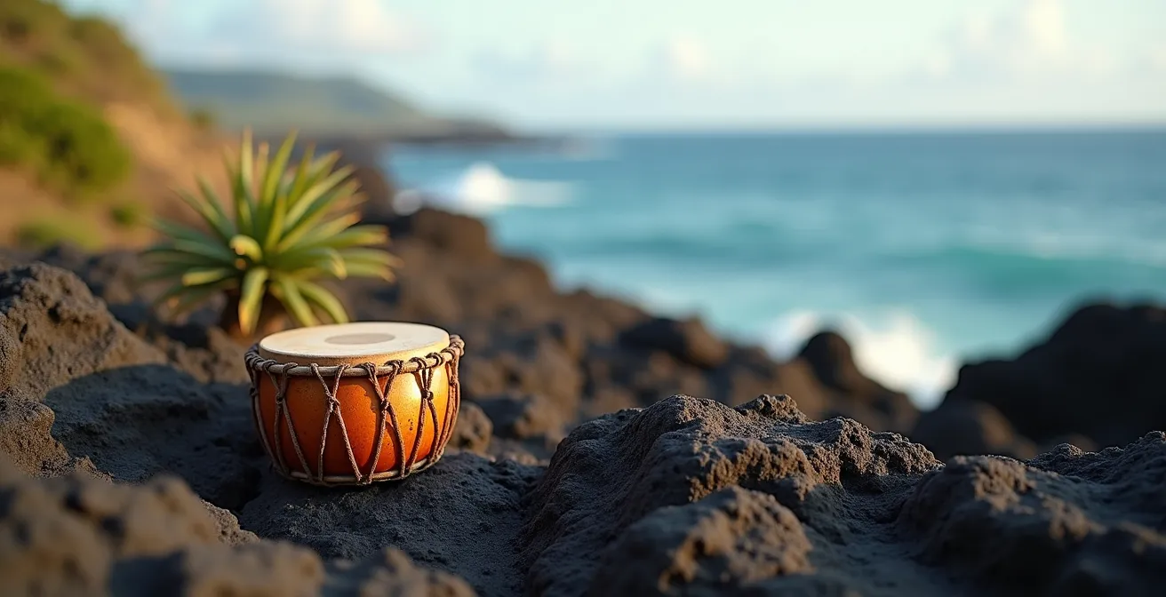 Instruments traditionnels de La Réunion disposés dans un paysage naturel