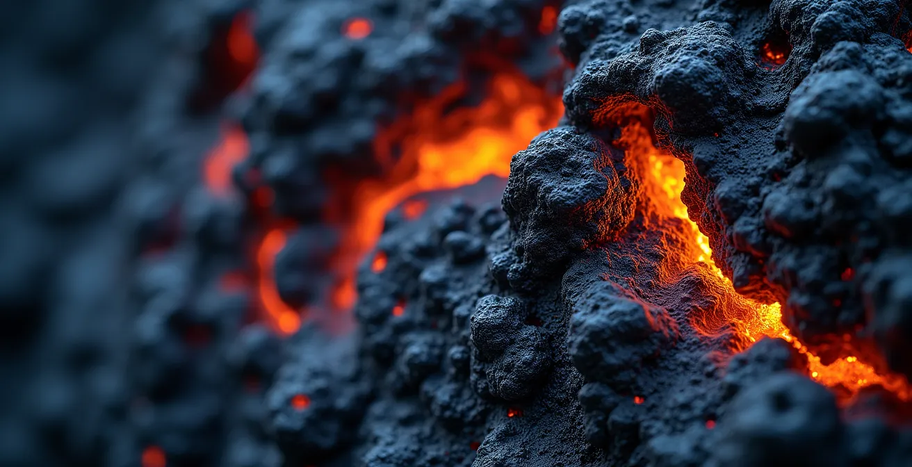 Détail macro des textures de lave vitrifiée éclairées latéralement dans un tunnel