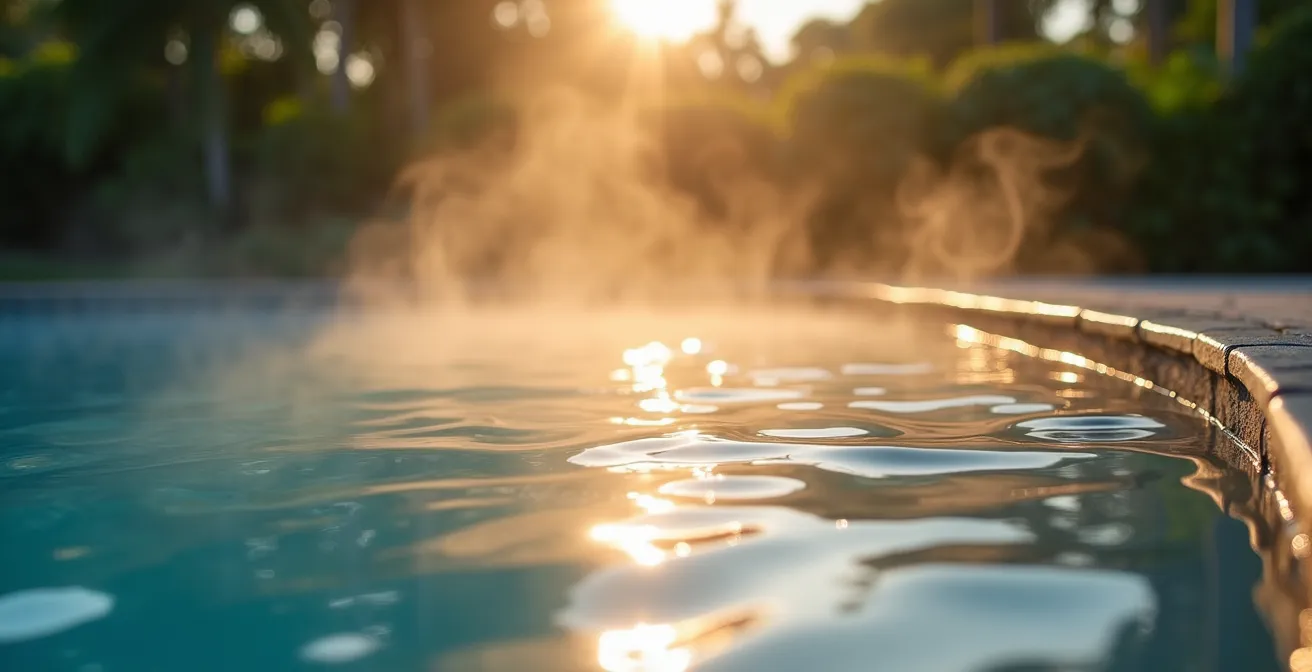 Gros plan sur la vapeur s'élevant d'une piscine chauffée d'hôtel au petit matin à La Réunion