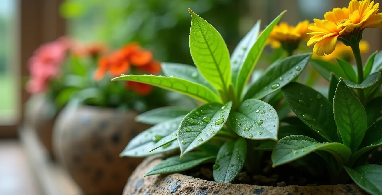 Arrangement de plantes répulsives anti-moustiques comme la citronnelle et le lantana autour d'une varangue tropicale