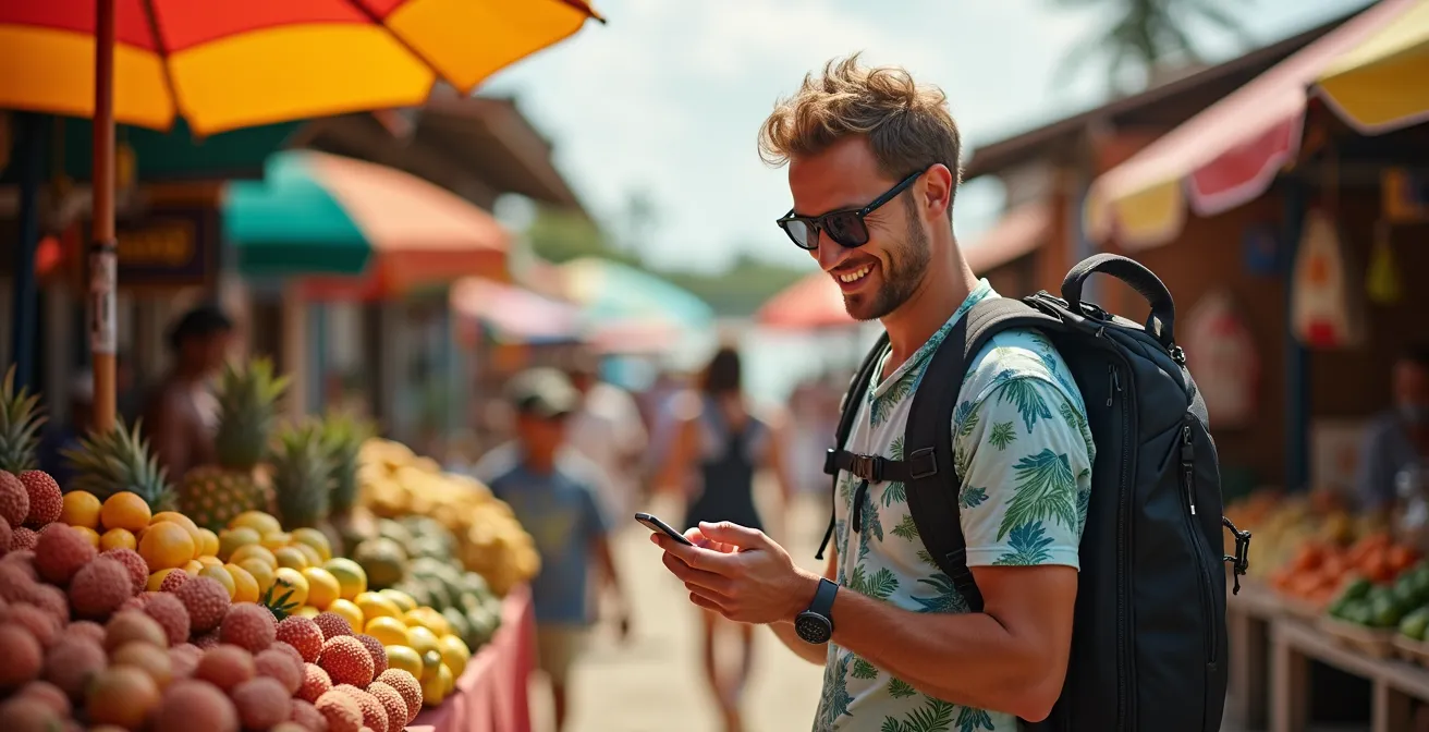 Plongeur détendu visitant le marché coloré de Saint-Paul le lendemain de sa plongée