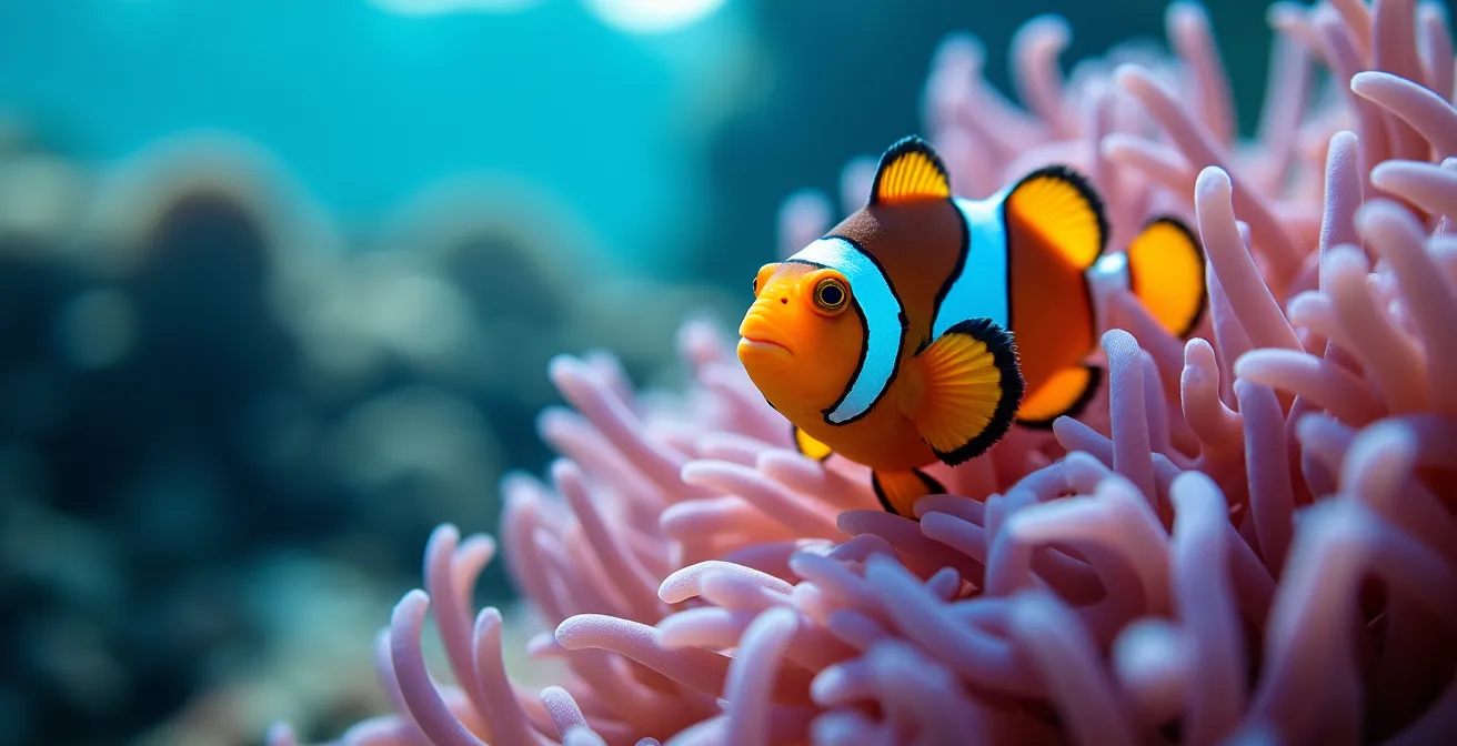 Poisson-clown dans son anémone sur le récif de l'Ermitage en vue macro