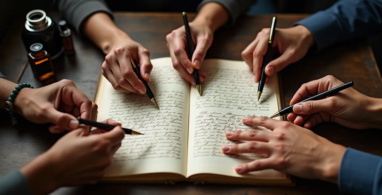 Mains de différentes origines ethniques annotant un registre d'état civil