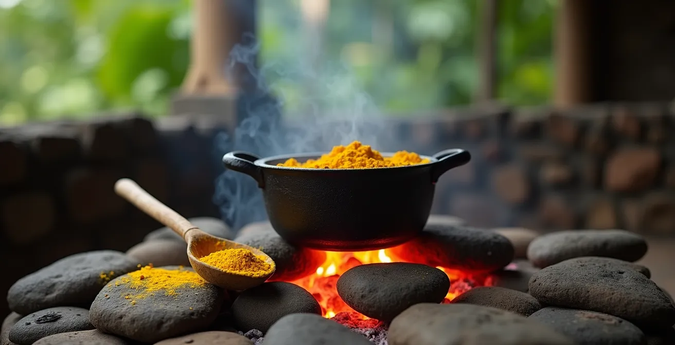 Préparation traditionnelle d'un cari au curcuma dans une marmite en fonte sur feu de bois
