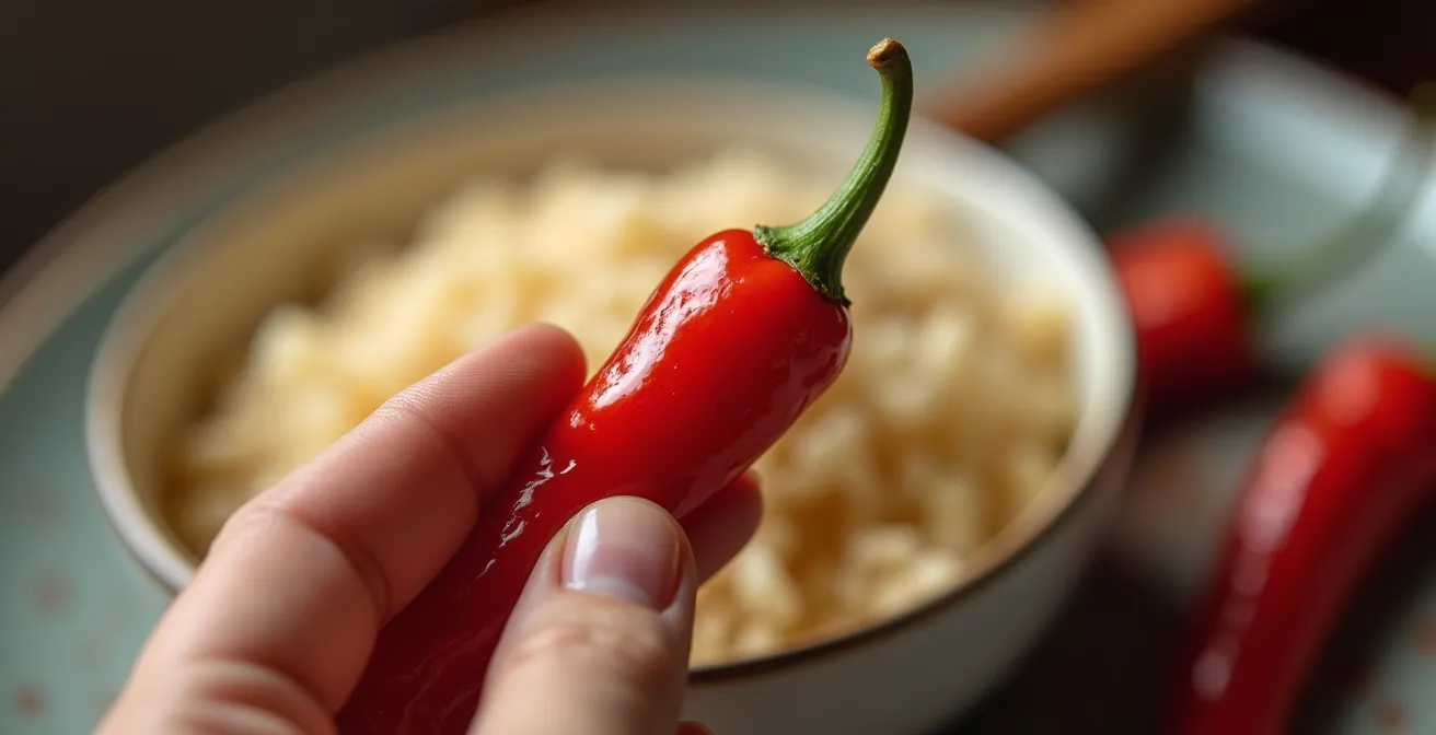Main tenant délicatement un piment rouge avec bol de riz en arrière-plan flou
