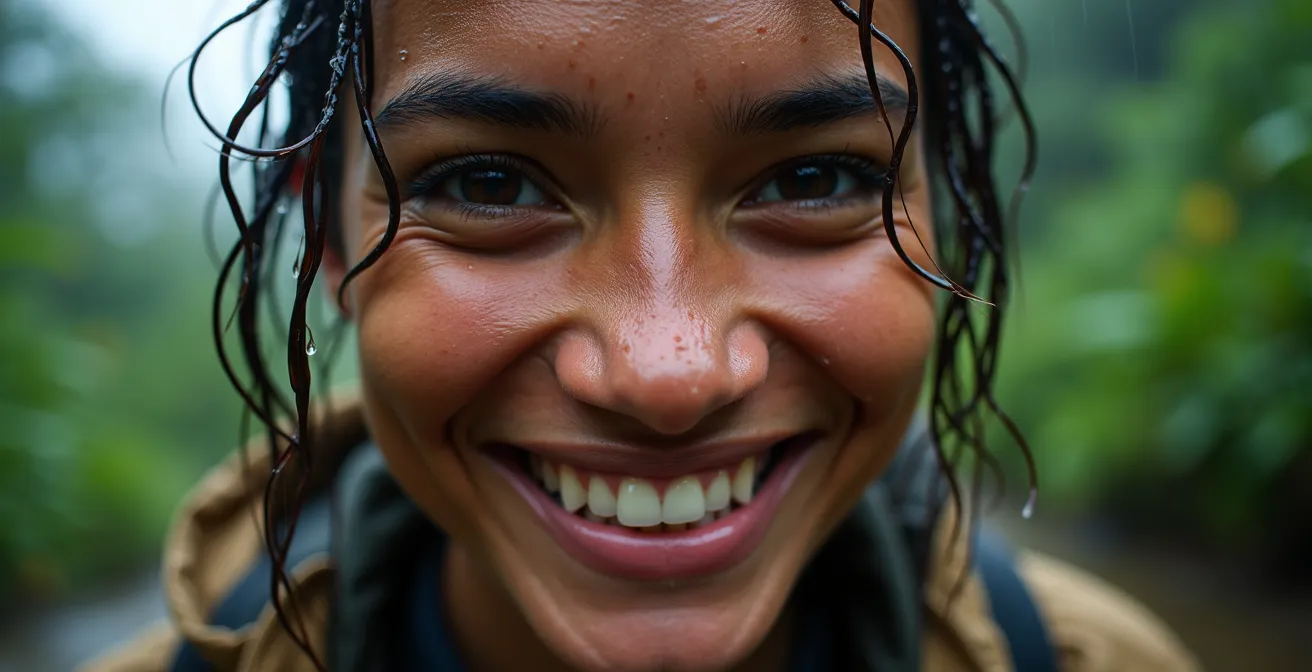 Visage souriant d'un randonneur sous la pluie tropicale intense, illustrant la résilience mentale.