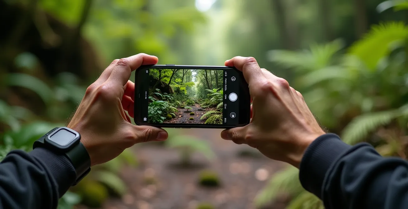 Randonneur utilisant son smartphone pour photographier et géolocaliser une observation sur un sentier forestier