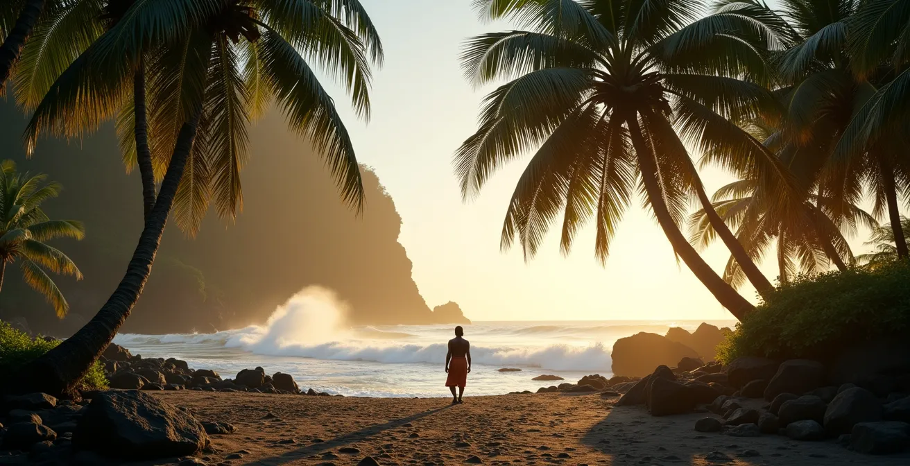 Mains expertes récoltant le cœur de palmier dans une cocoteraie du Sud Sauvage de La Réunion