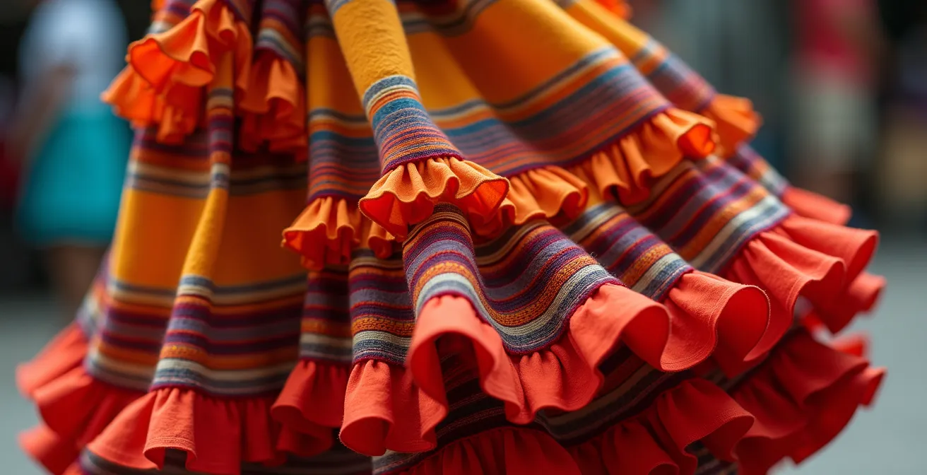 Gros plan sur les volants colorés d'une robe de séga réunionnaise en mouvement
