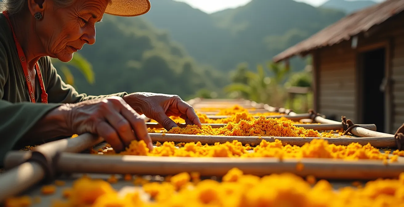 Cossettes de curcuma séchant au soleil sur des claies traditionnelles dans les hauts de Saint-Joseph