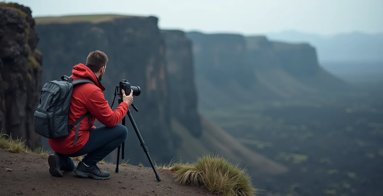 Photographe utilisant un trépied de manière sécurisée près d'un bord de falaise