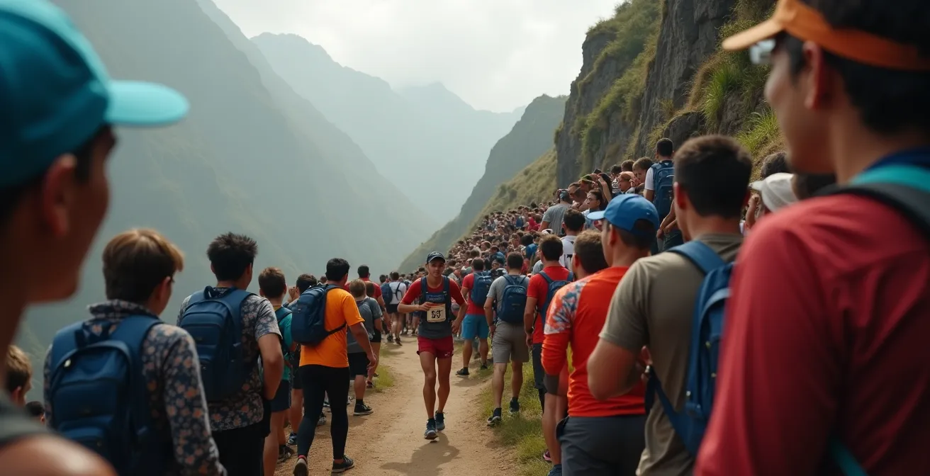 Spectateurs encourageant les coureurs du Grand Raid dans le village de Cilaos au lever du soleil