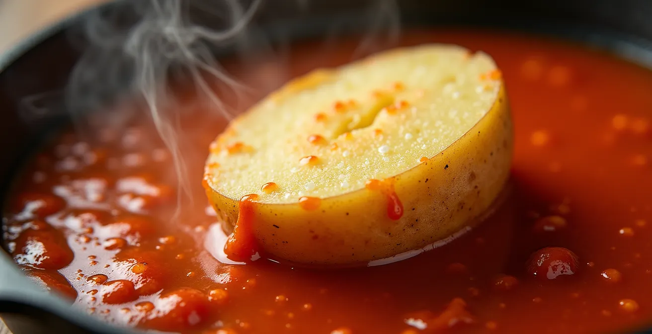 Gros plan sur une pomme de terre coupée en deux plongée dans une sauce tomate mijotée dans une marmite traditionnelle