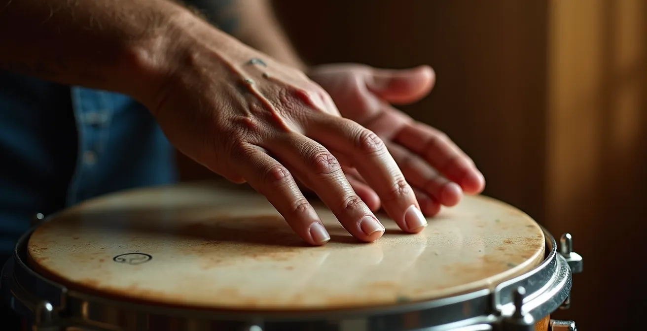 Gros plan sur les mains d'un joueur de Roulér montrant les deux techniques de frappe sur la peau du tambour