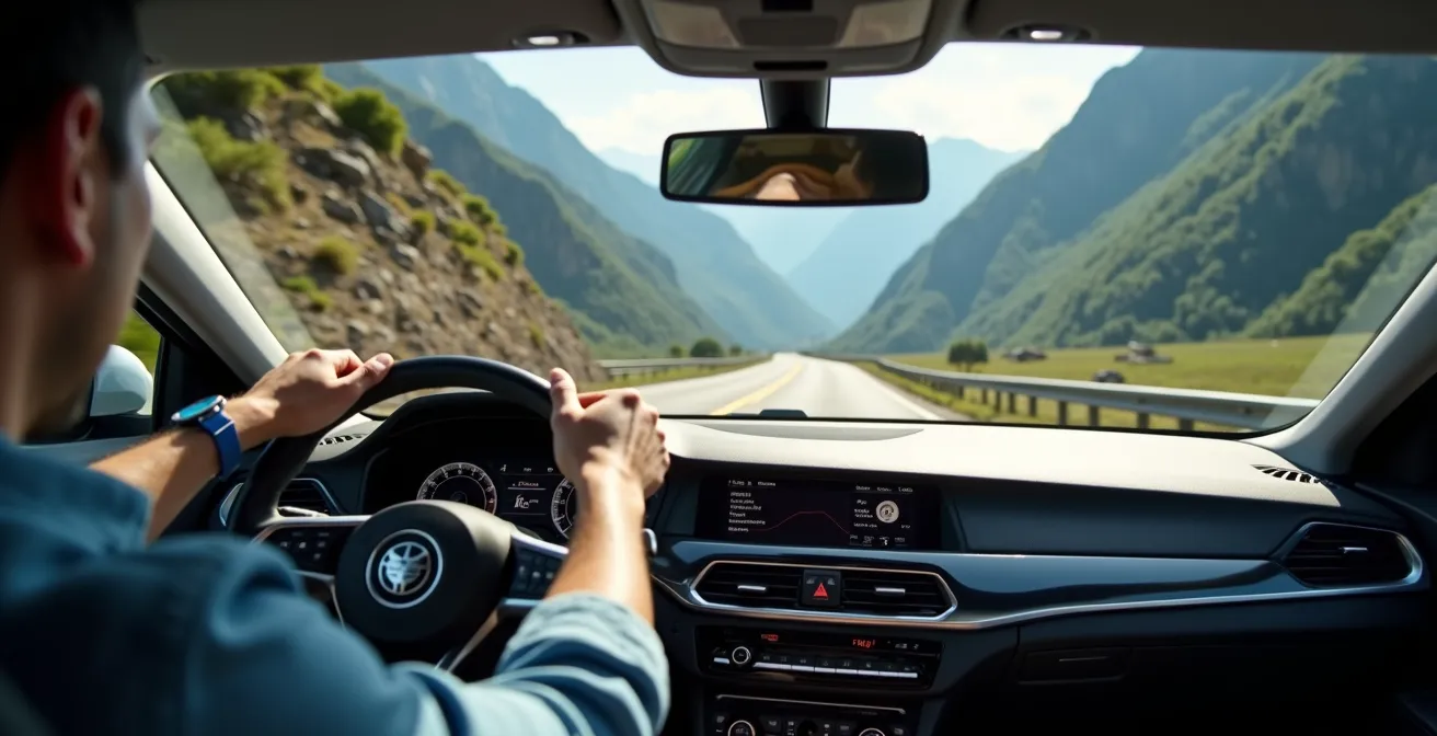 Voiture utilisant le frein moteur dans une descente de montagne avec vue sur les cirques de La Réunion