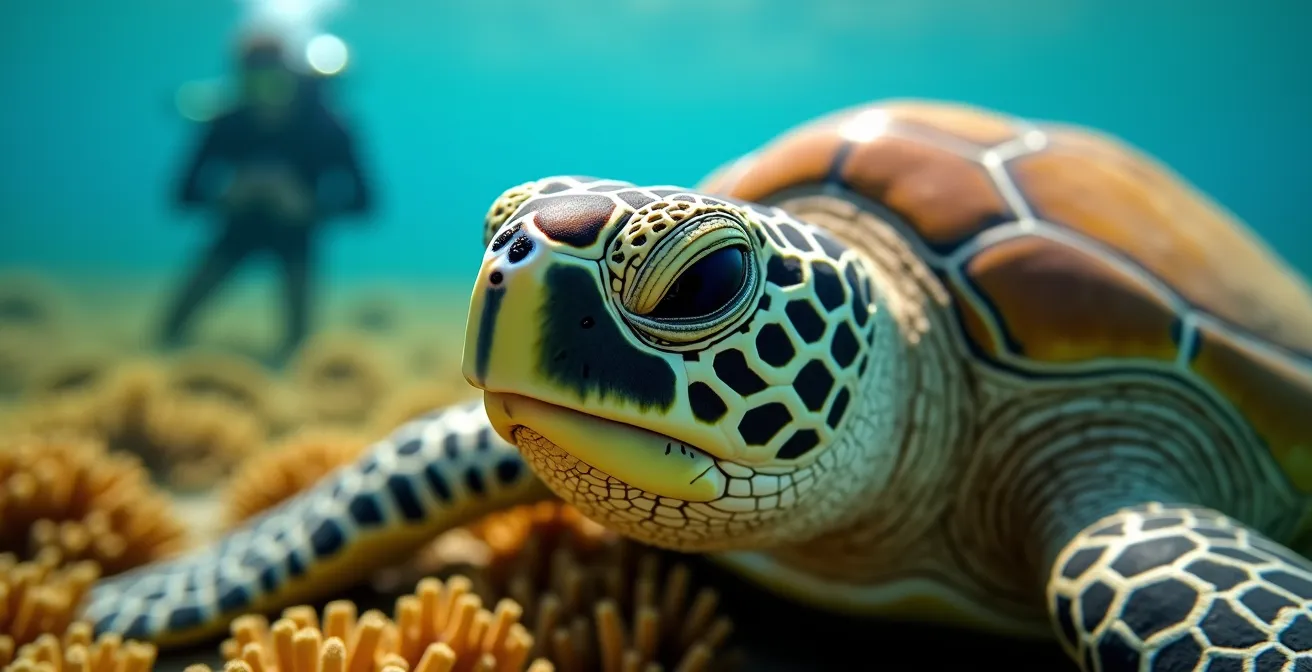 Tortue verte évoluant paisiblement près du récif corallien au Cap La Houssaye avec un plongeur en arrière-plan
