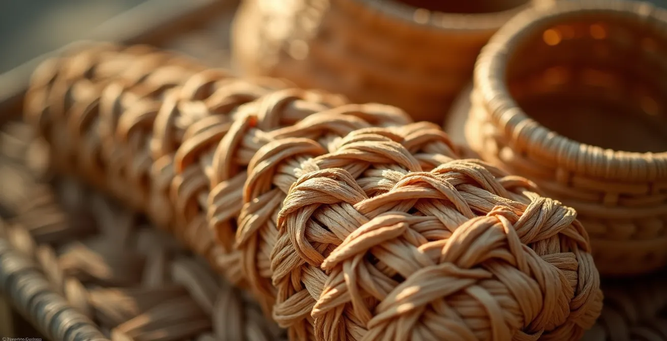 Détail rapproché du tressage traditionnel en vacoa montrant la densité des fibres