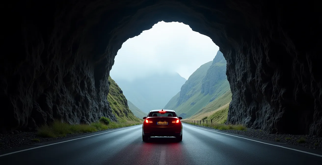 Vue du tunnel étroit de Peter Both avec un véhicule s'engageant prudemment dans l'obscurité