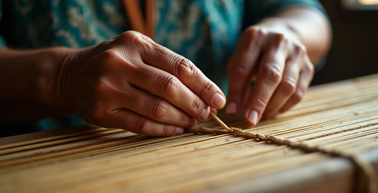 Mains de vannière tressant des fibres de vacoa à Saint-Philippe
