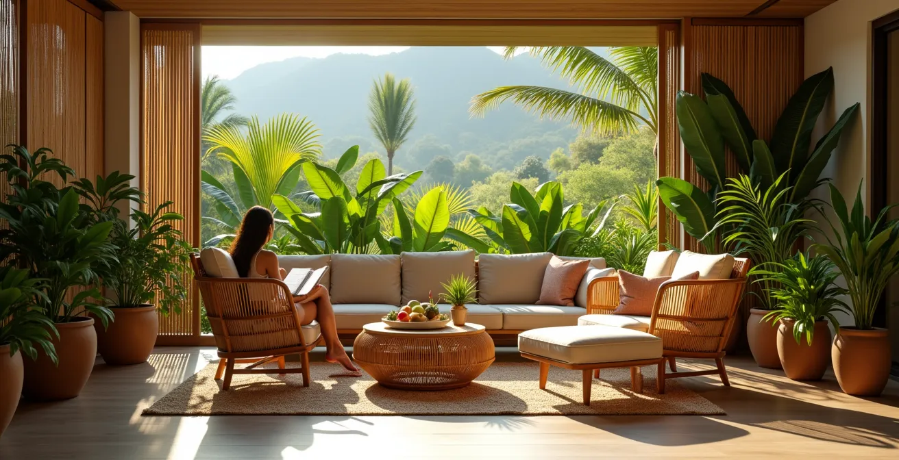 Varangue contemporaine aménagée avec mobilier créole, plantes tropicales et vue sur jardin luxuriant