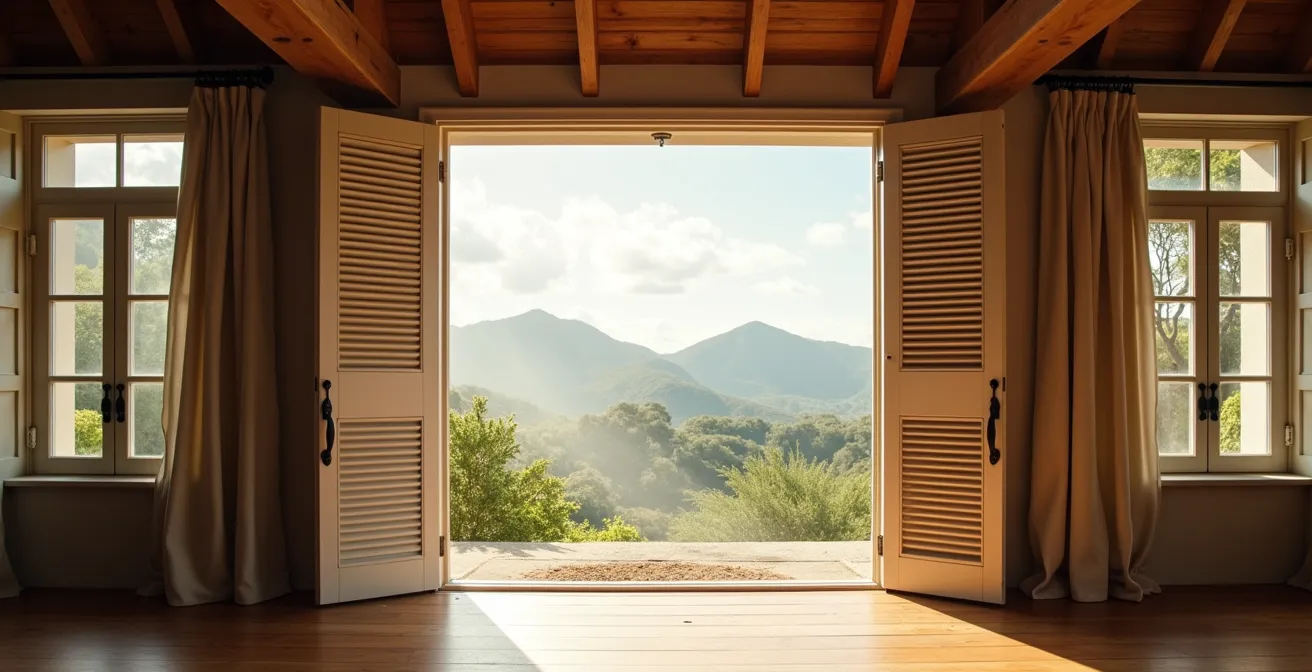 Vue en coupe d'une case créole montrant la circulation naturelle de l'air des alizés à travers les ouvertures