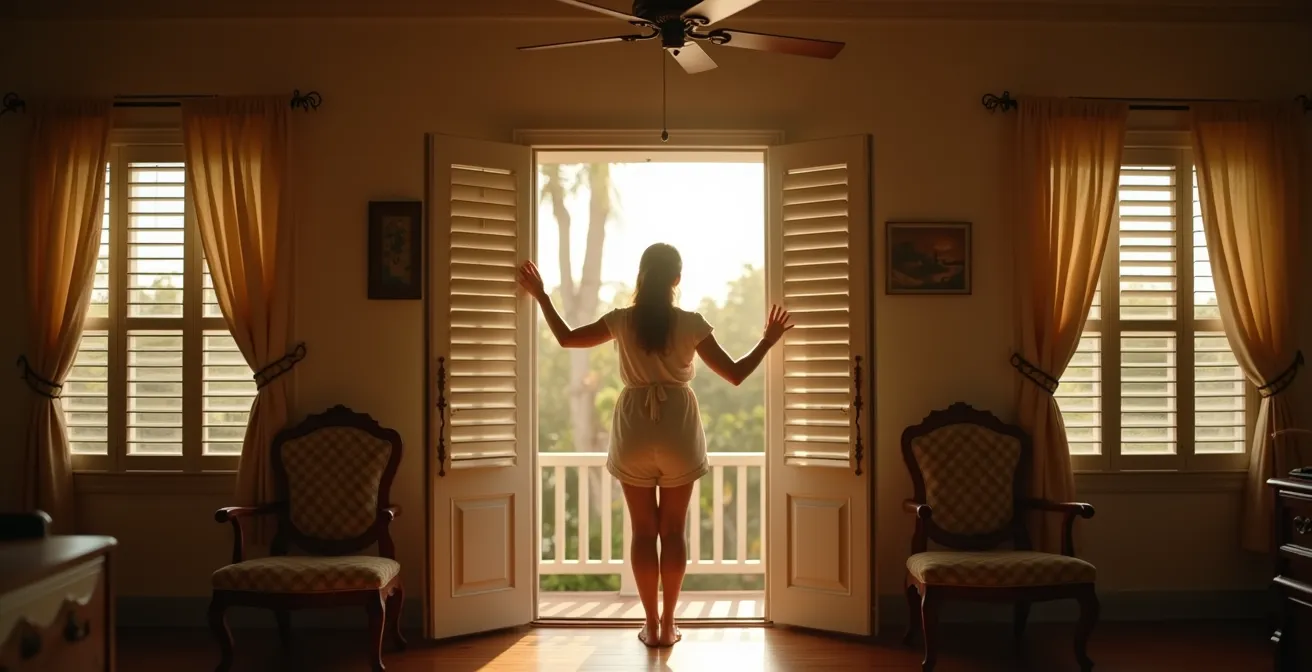 Intérieur d'une case créole avec brasseur d'air et fenêtres jalousies ouvertes