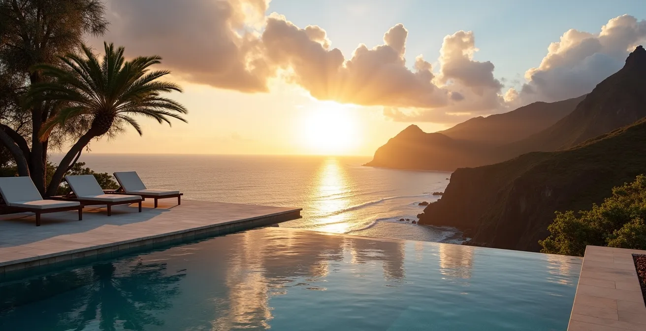Vue panoramique depuis un hôtel de luxe sur les falaises basaltiques du Sud Sauvage de La Réunion